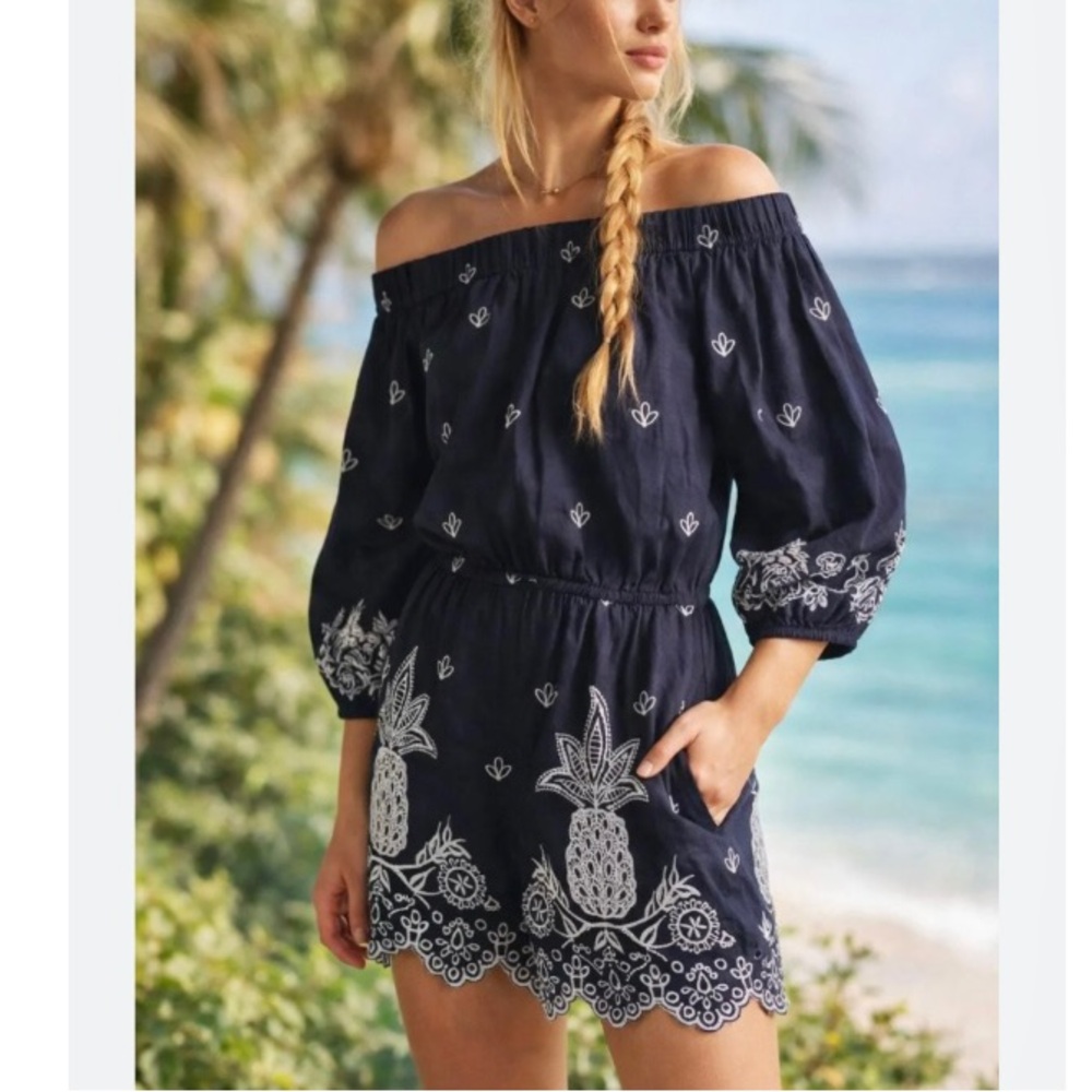 Farm Rio x Anthropologie Jackie Embroidered Linen Romper scalloped blue floral